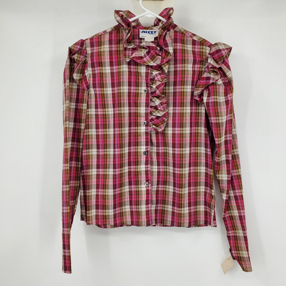 New Vintage Jazzy‎ Pink Plaid Button 7 Ruffle Farmgirl Cottagecore Prairie Shirt